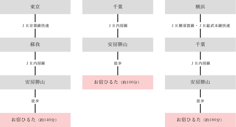 電車ルート図:東京・千葉・横浜からJR内房線 安房勝山駅まで